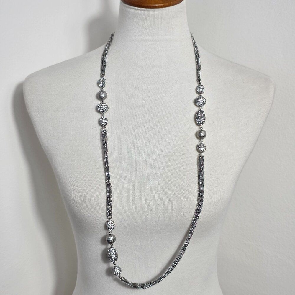 Chico's Long Silver Tone Multi-Strand Necklace Large Pavé-Style Crystal Beads